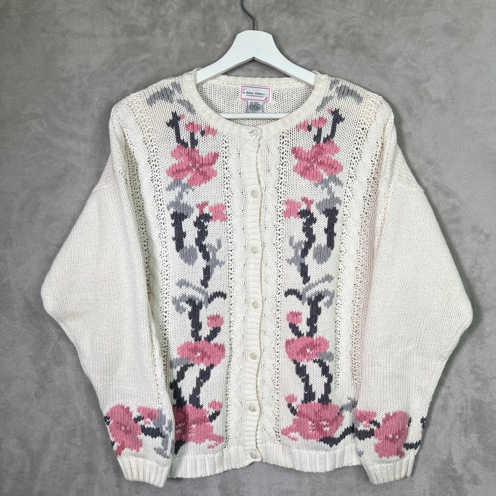 Vintage Gina Peters Cardigan Sweater Womens Large Ivory Floral Cable Knit 90s
